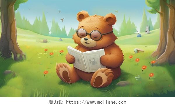 卡通可爱唯美浪漫手绘梦幻风戴眼镜的拟人熊在绿色的田野上看书全景简约场景插画壁纸海报